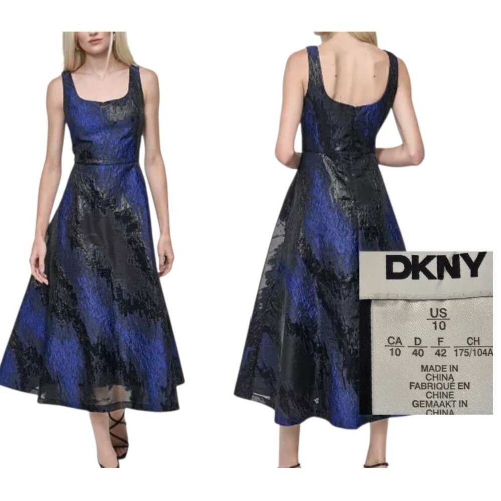DKNY Blue Black Metallic Jacquard Scoop-Neck Midi Dress Size 10